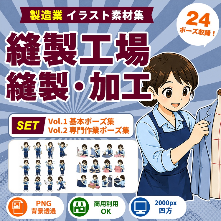 縫製工場・縫製スタッフ Vol.1+Vol.2 セット|製造業別イラスト素材集