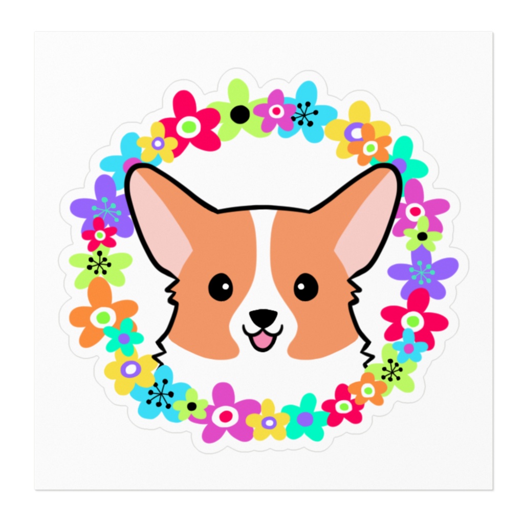 コーギーステッカー フラワーリース