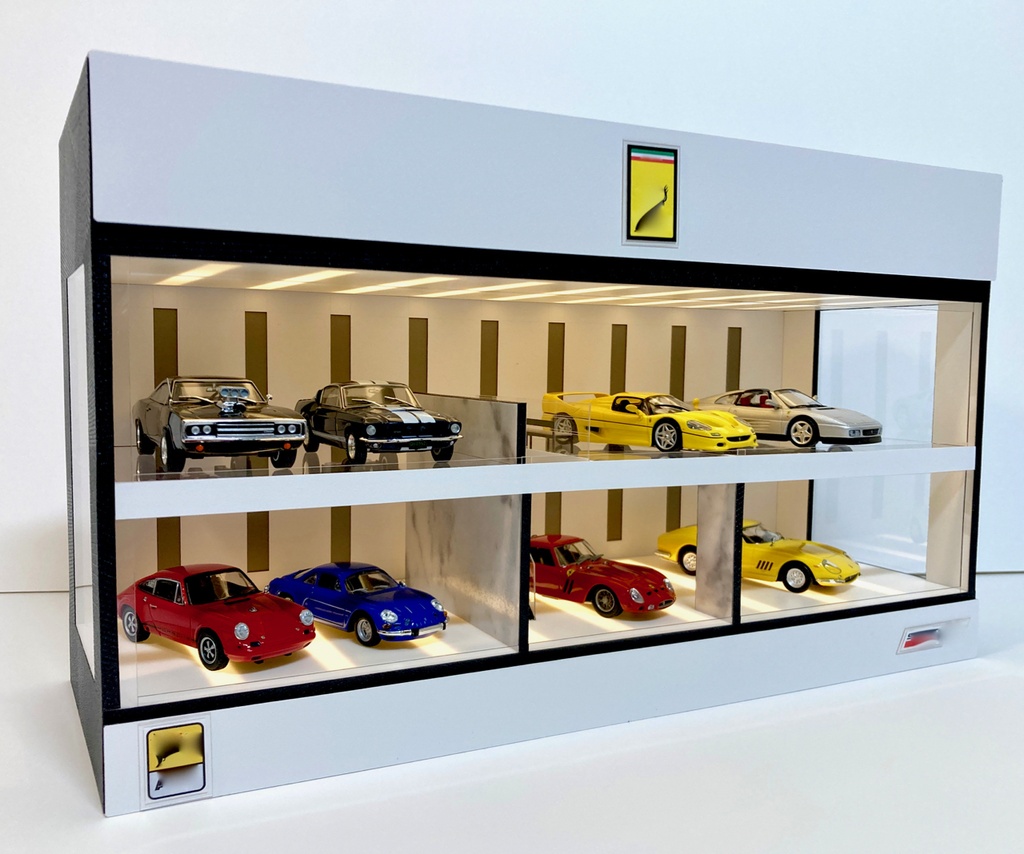 1/43・スリット照明、階段&ベンチ・2層式ディスプレーBOX / LED照明・スタイリッシュジオラマ・京商、ミニチャンプスなどに