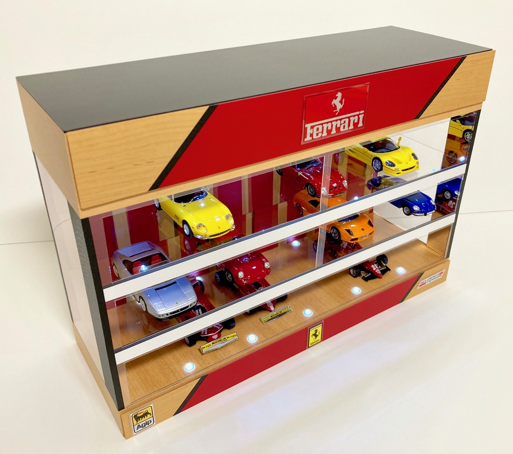 1/43展示21台可能・メープル&RED・3層式ディスプレーBOX / 白色LED照明・スタイリッシュジオラマ・京商、ミニチャンプスなどに