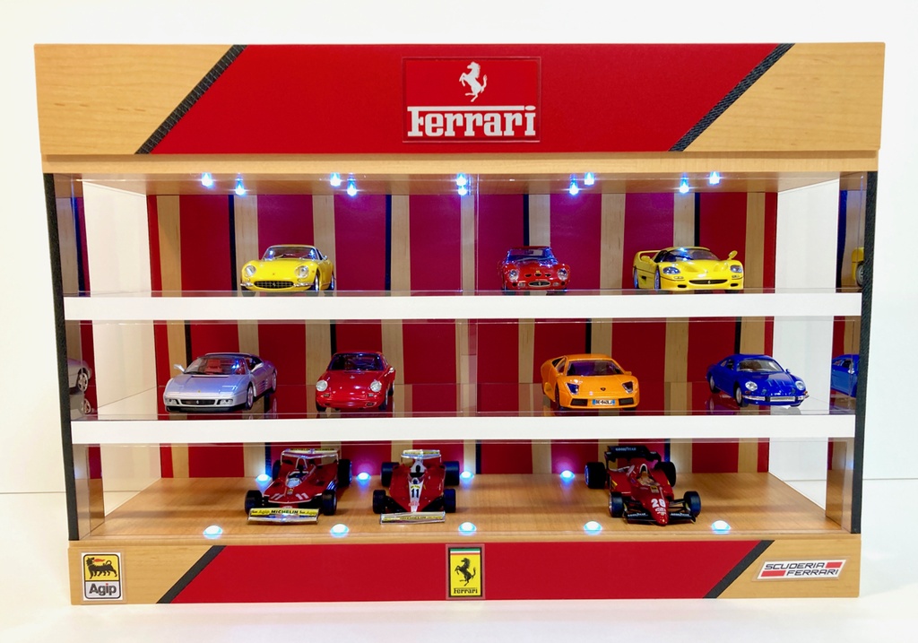 1/43展示21台可能・メープル&RED・3層式ディスプレーBOX / 白色LED照明・スタイリッシュジオラマ・京商、ミニチャンプスなどに