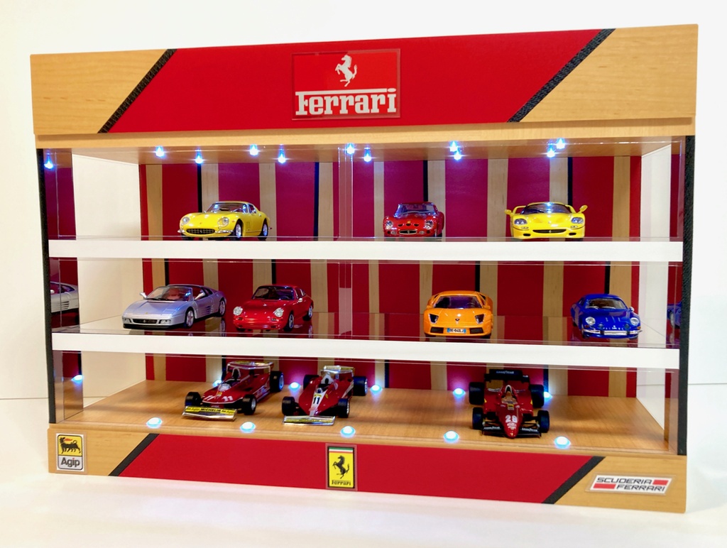 1/43展示21台可能・メープル＆RED・3層式ディスプレーBOX / 白色LED照明・スタイリッシュジオラマ・京商、ミニチャンプスなどに