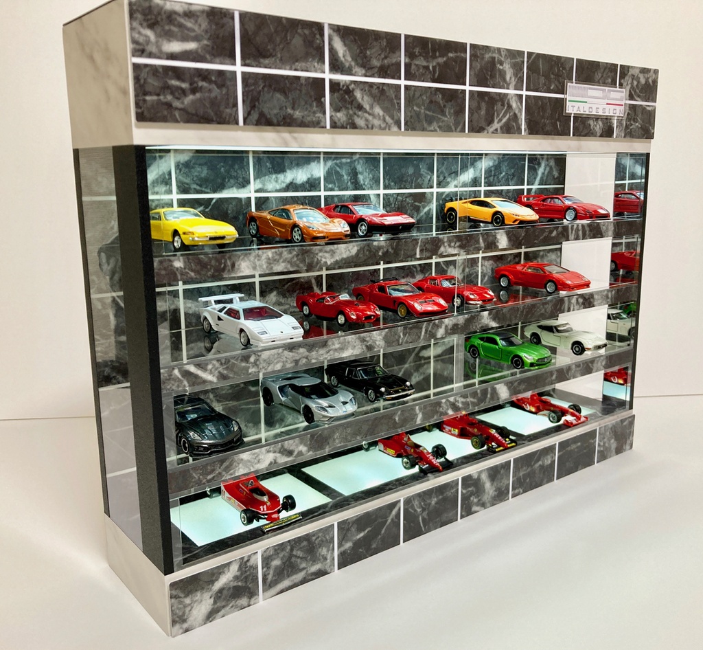 1/64展示40台可・黒大理石・4層式ディスプレーBOX /白色 LED照明内蔵・スタイリッシュジオラマ・トミカ、京商、ホットウィール等