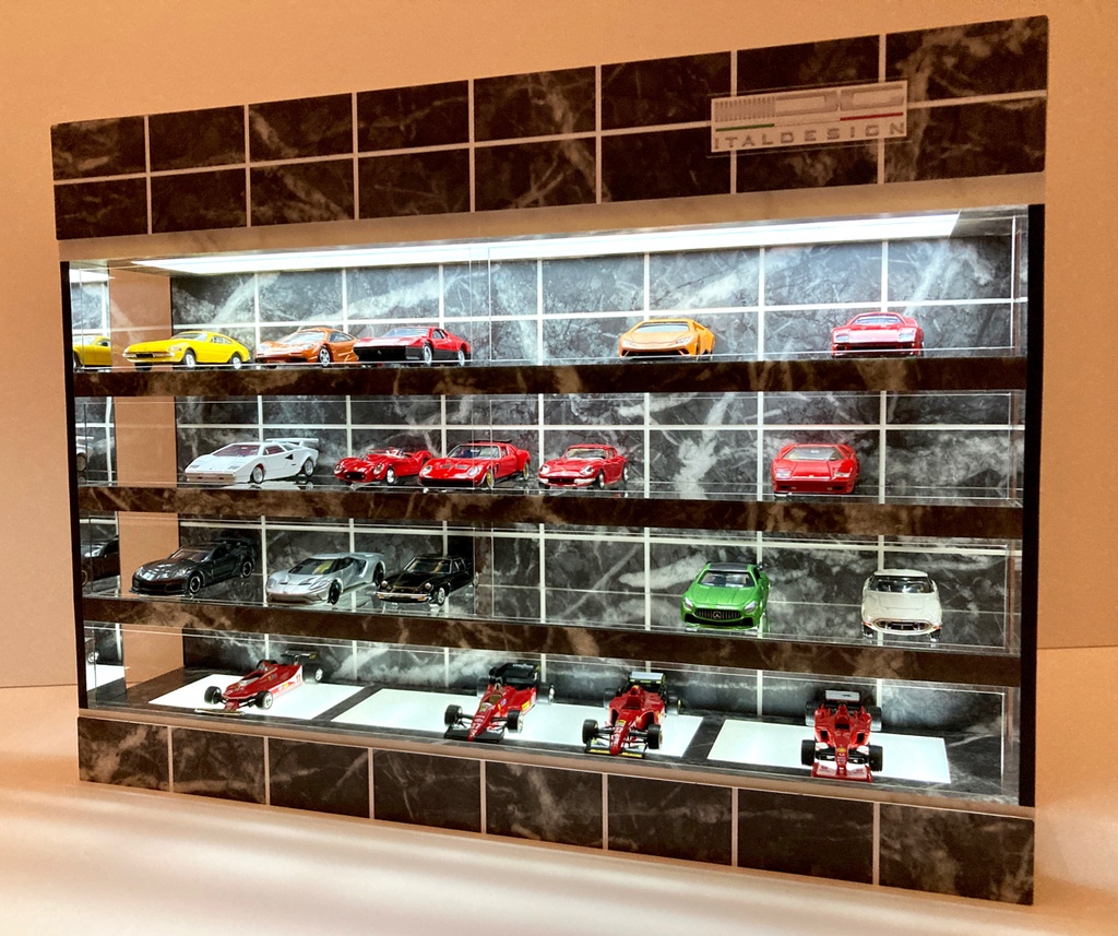 1/64展示40台可・黒大理石・4層式ディスプレーBOX /白色 LED照明内蔵・スタイリッシュジオラマ・トミカ、京商、ホットウィール等