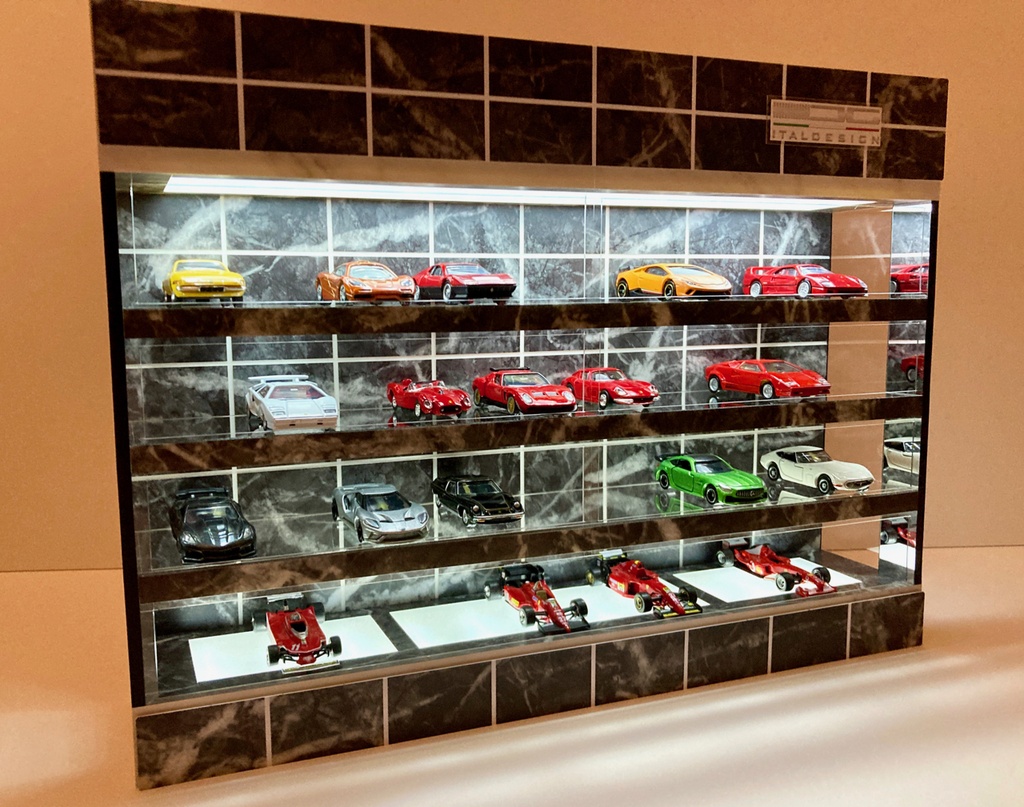 1/64展示40台可・黒大理石・4層式ディスプレーBOX /白色 LED照明内蔵・スタイリッシュジオラマ・トミカ、京商、ホットウィール等
