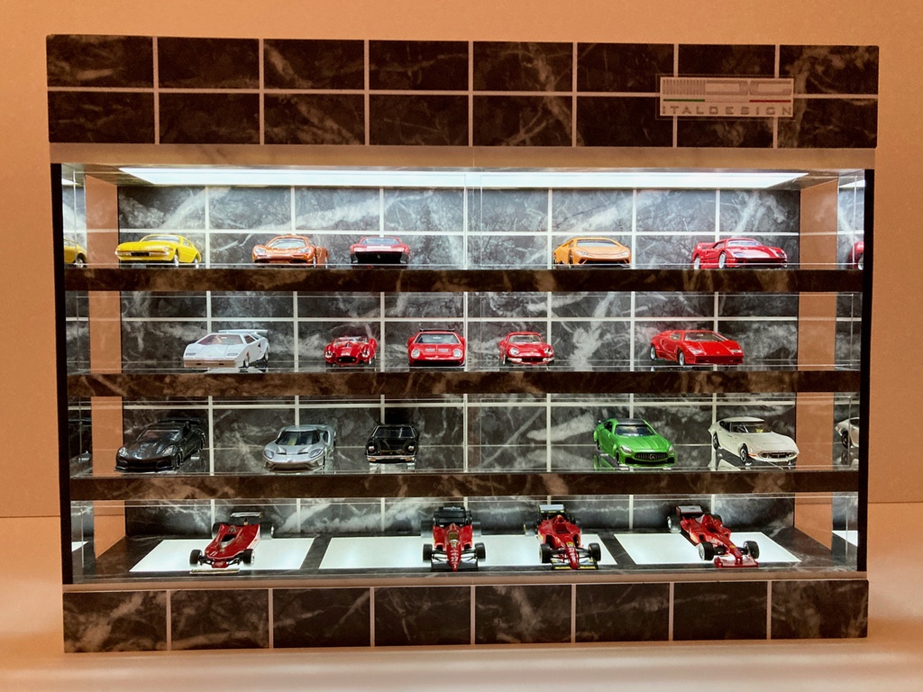 1/64展示40台可・黒大理石・4層式ディスプレーBOX /白色 LED照明内蔵・スタイリッシュジオラマ・トミカ、京商、ホットウィール等