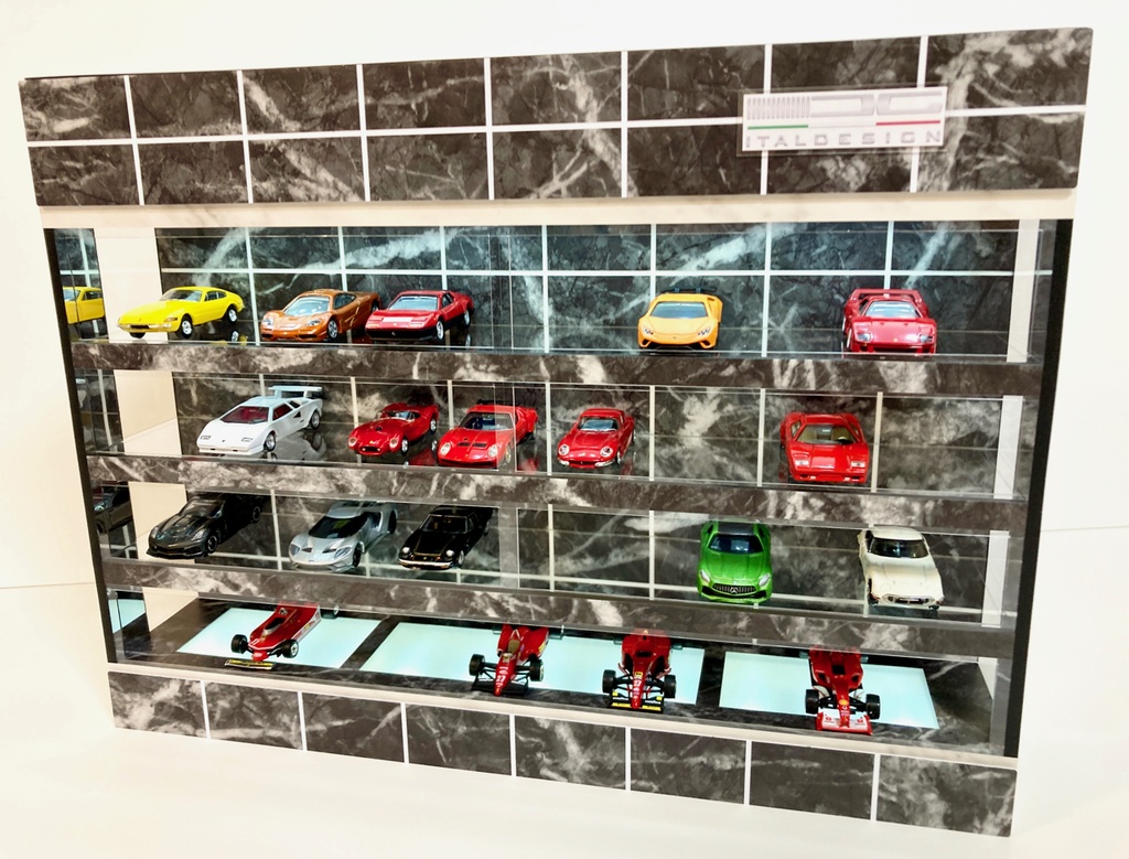 1/64展示40台可・黒大理石・4層式ディスプレーBOX /白色 LED照明内蔵・スタイリッシュジオラマ・トミカ、京商、ホットウィール等
