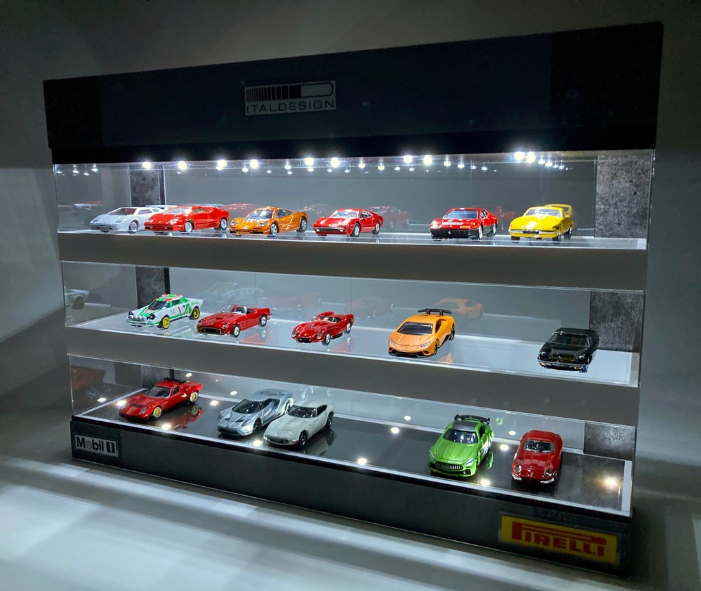1/64展示30台可能・スケルトン構造・3層式ディスプレーBOX / 白色LED20灯内蔵・スタイリッシュジオラマ・トミカ、京商、ホットウィールなど