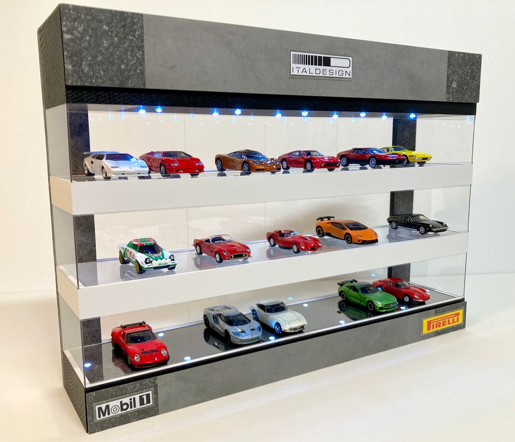 1/64展示30台可能・スケルトン構造・3層式ディスプレーBOX / 白色LED20灯内蔵・スタイリッシュジオラマ・トミカ、京商、ホットウィールなど