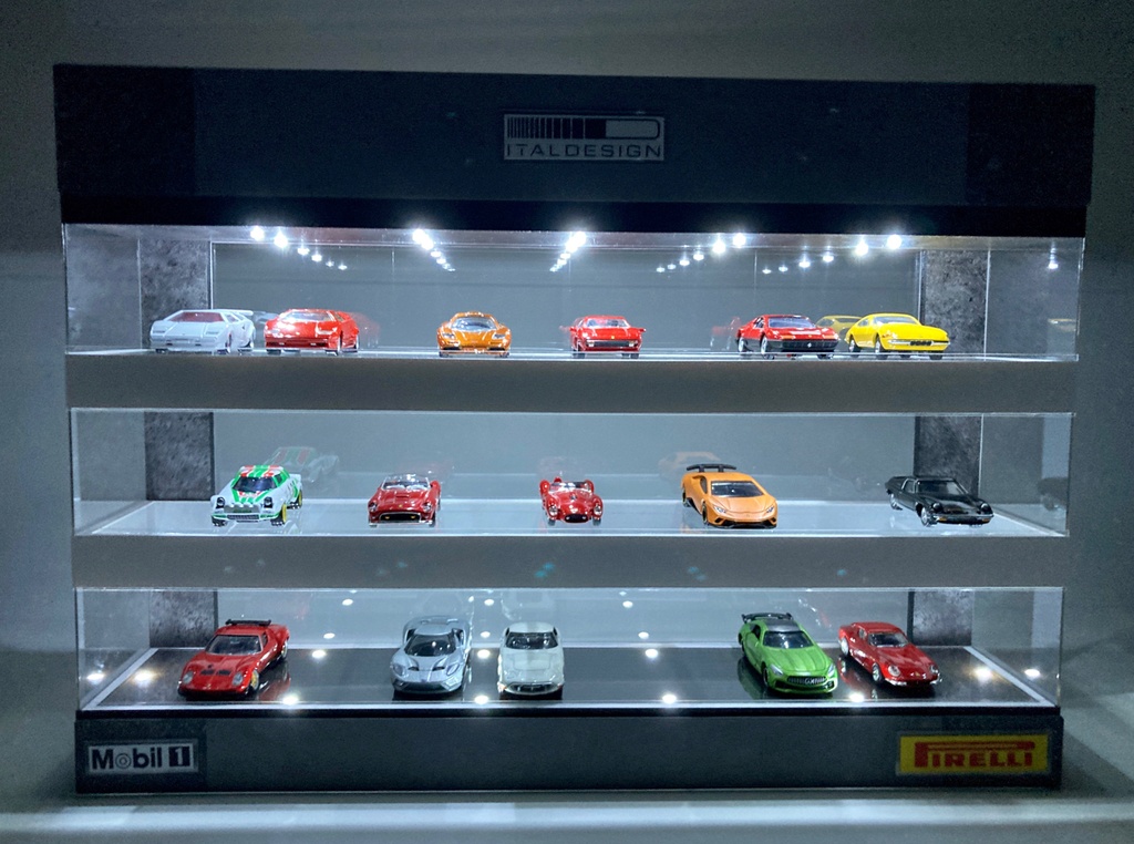 1/64展示30台可能・スケルトン構造・3層式ディスプレーBOX / 白色LED20灯内蔵・スタイリッシュジオラマ・トミカ、京商、ホットウィールなど