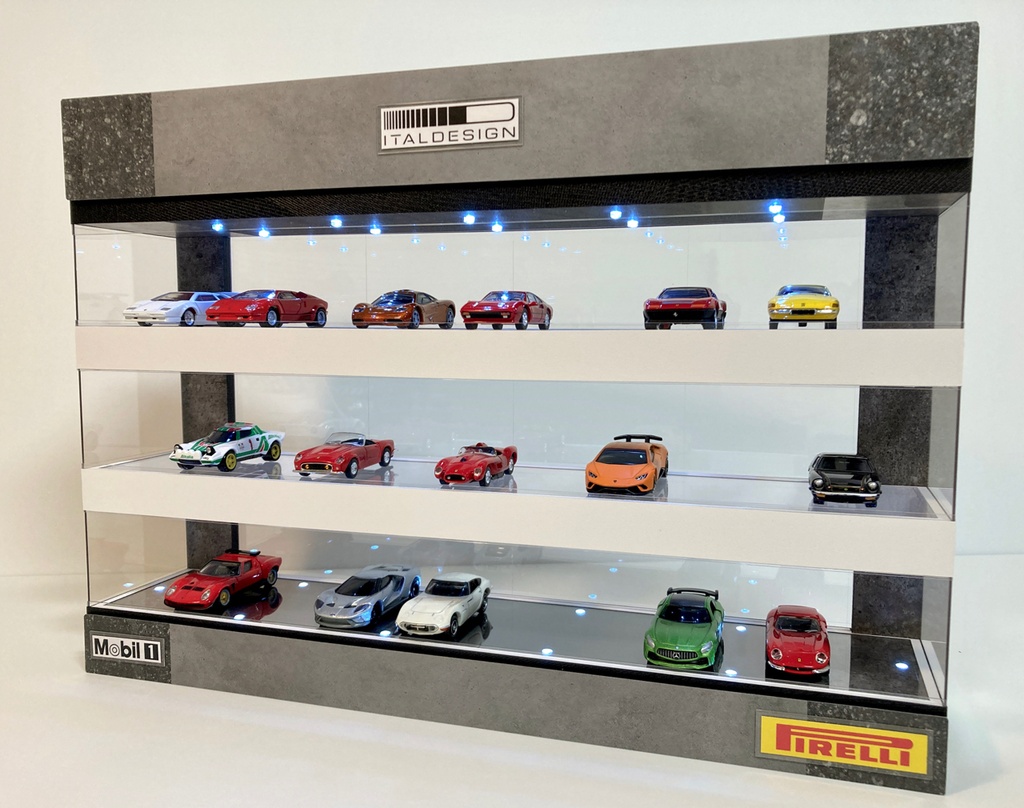 1/64展示30台可能・スケルトン構造・3層式ディスプレーBOX / 白色LED20灯内蔵・スタイリッシュジオラマ・トミカ、京商、ホットウィールなど