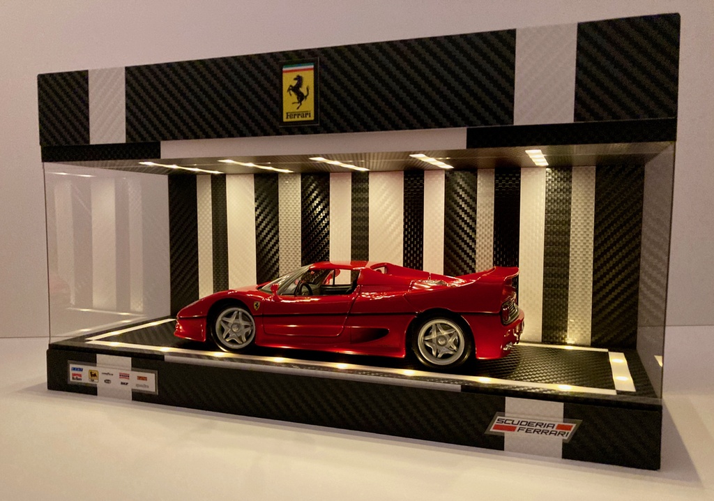 1/18・1/24・1/43対応・BK&WHカーボン・ディスプレーBOX / LED照明40灯・スタイリッシュジオラマ・京商、オートアートなどに・1/64にも