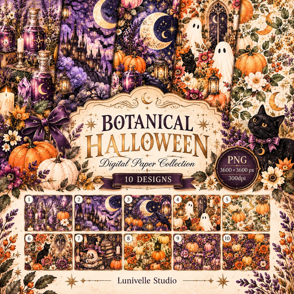 ハロウィン　デザインペーパー　10枚セット　ボタニカル・魔法・猫・月/PNG