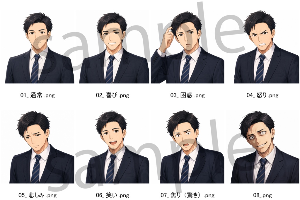 【立ち絵素材】30代男性サラリーマン 全身+表情差分8種(透過・白背景同梱)