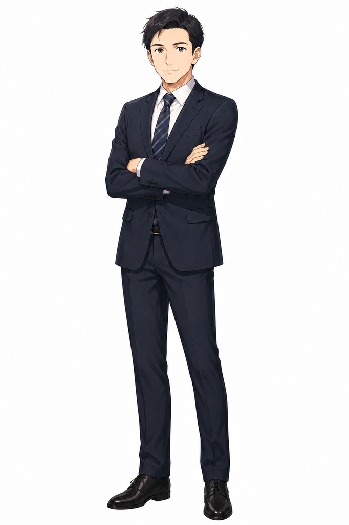 【立ち絵素材】30代男性サラリーマン 全身+表情差分8種(透過・白背景同梱)
