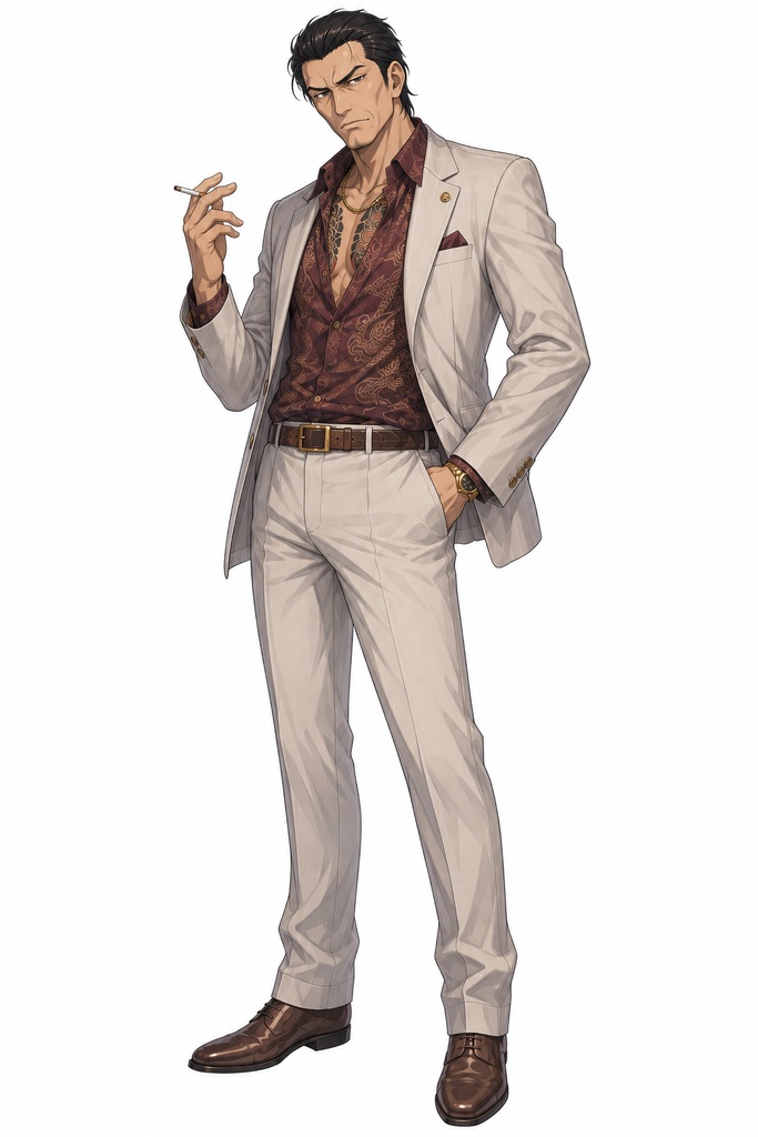【立ち絵素材】40代男性ヤクザ 全身+表情差分8種(透過・白背景同梱)