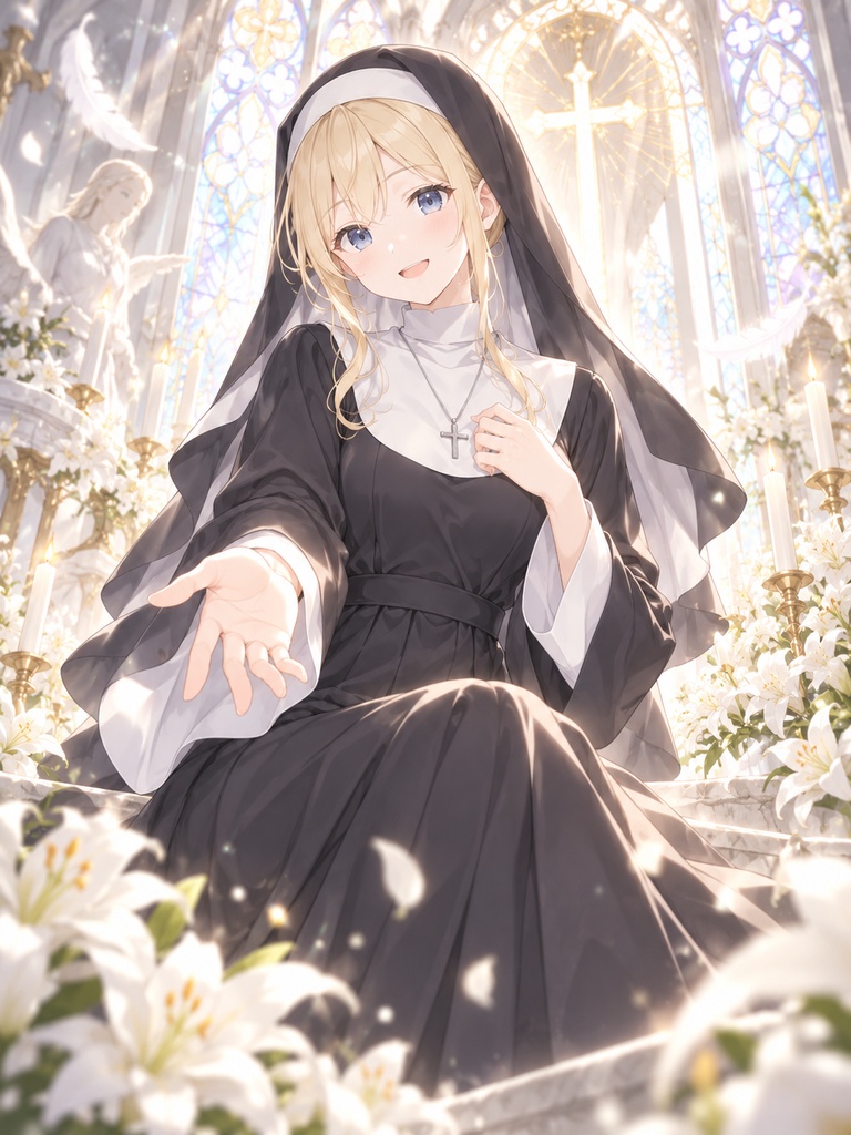 【立ち絵素材】20代女性シスター1 全身+表情差分8種(透過・白背景同梱)