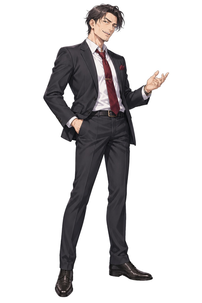 【立ち絵素材】40代男性詐欺師 全身+表情差分10種(透過・白背景同梱)