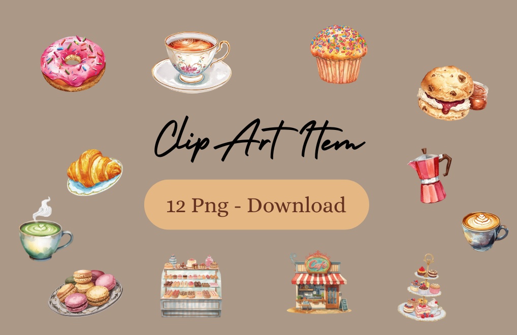 ティータイム水彩クリップアート12点セット / PNG 背景透過
