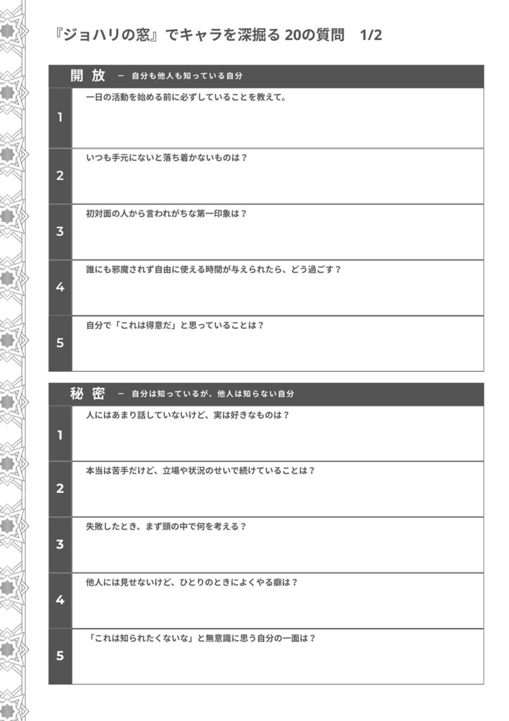 『ジョハリの窓』でキャラを深掘る 20の質問 キャラクターシート