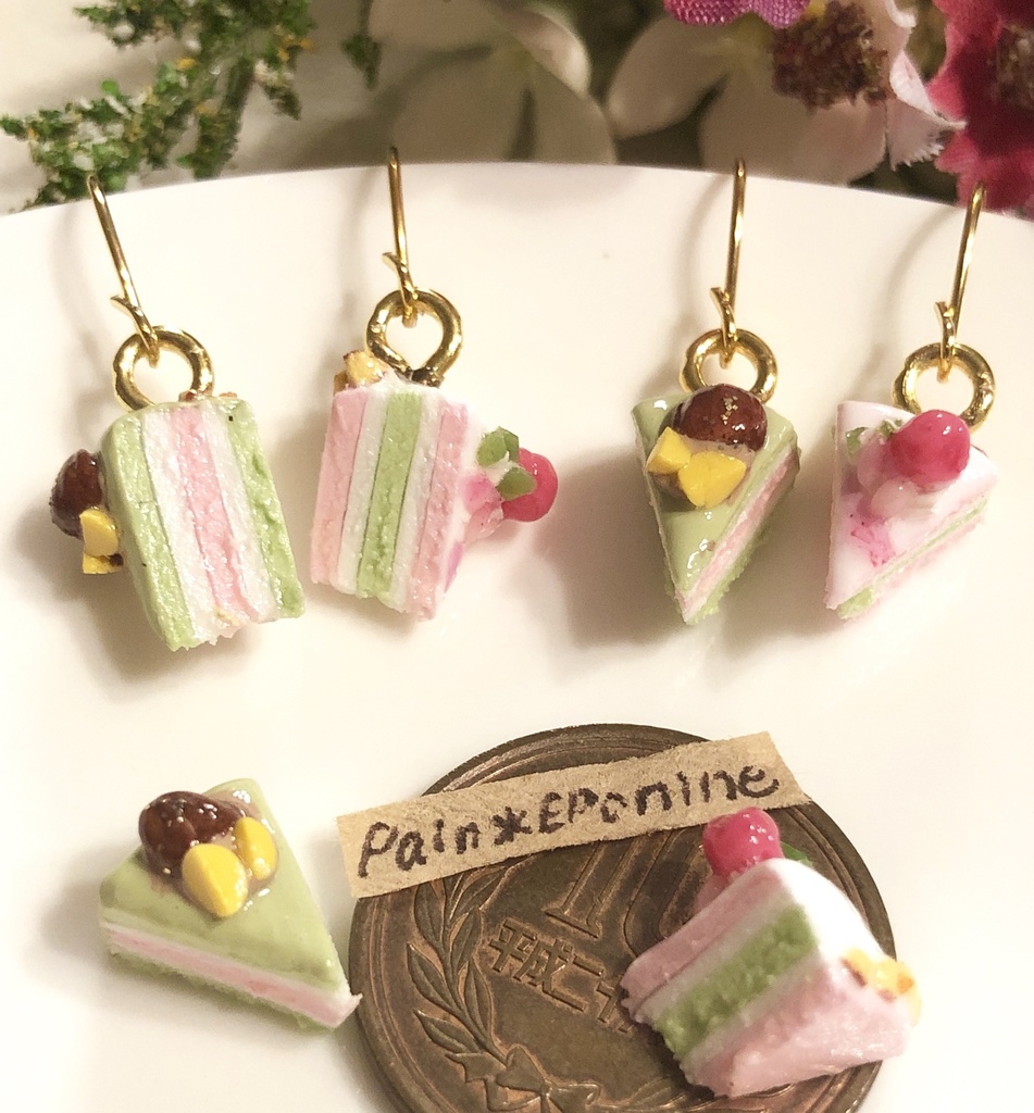 桜と抹茶のケーキセットピアス:断面