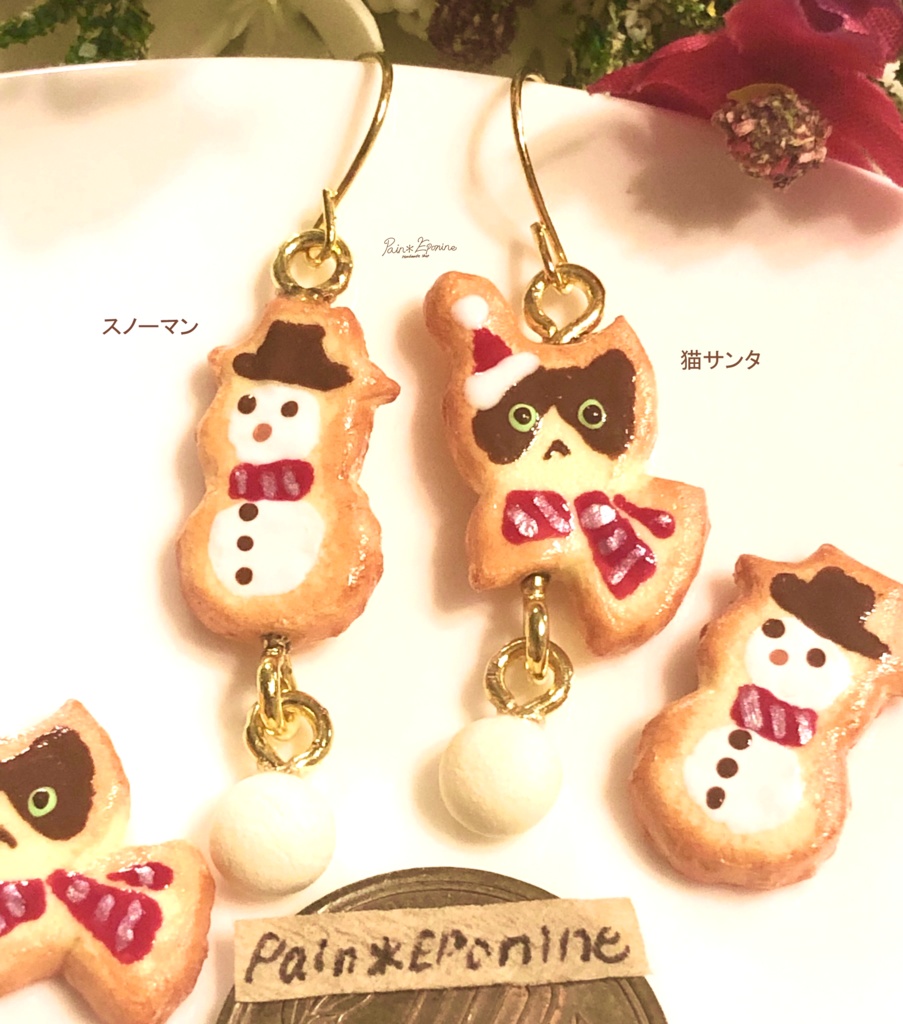 【片耳】クリスマスクッキーイヤリング:猫サンタ