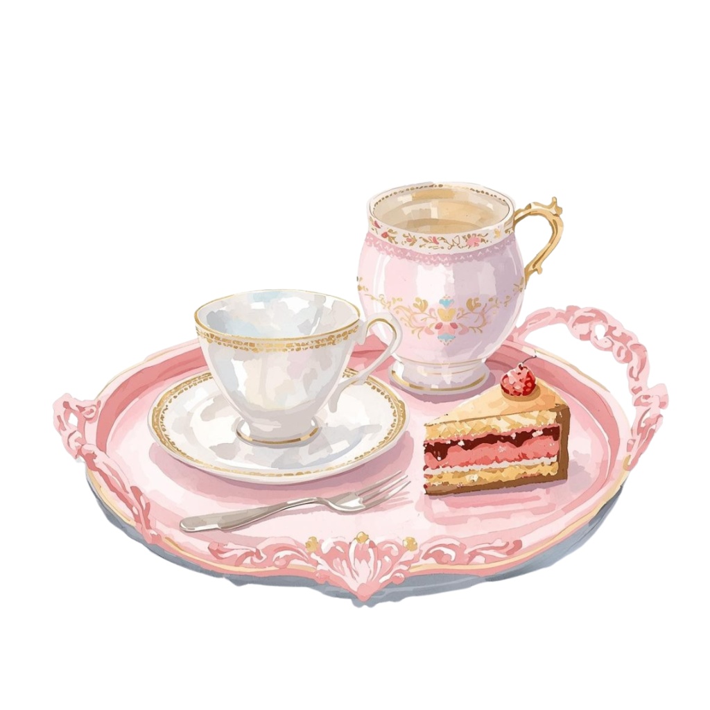 水彩画 ピンク×アンティーク風 カフェシリーズ クリップアートセット(PNG形式・13点)