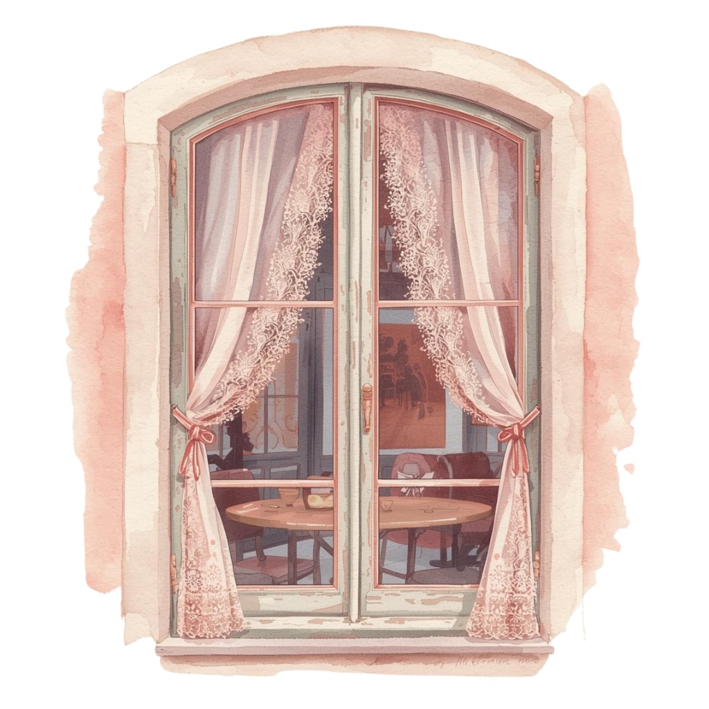 水彩画 ピンク×アンティーク風 カフェシリーズ クリップアートセット(PNG形式・13点)