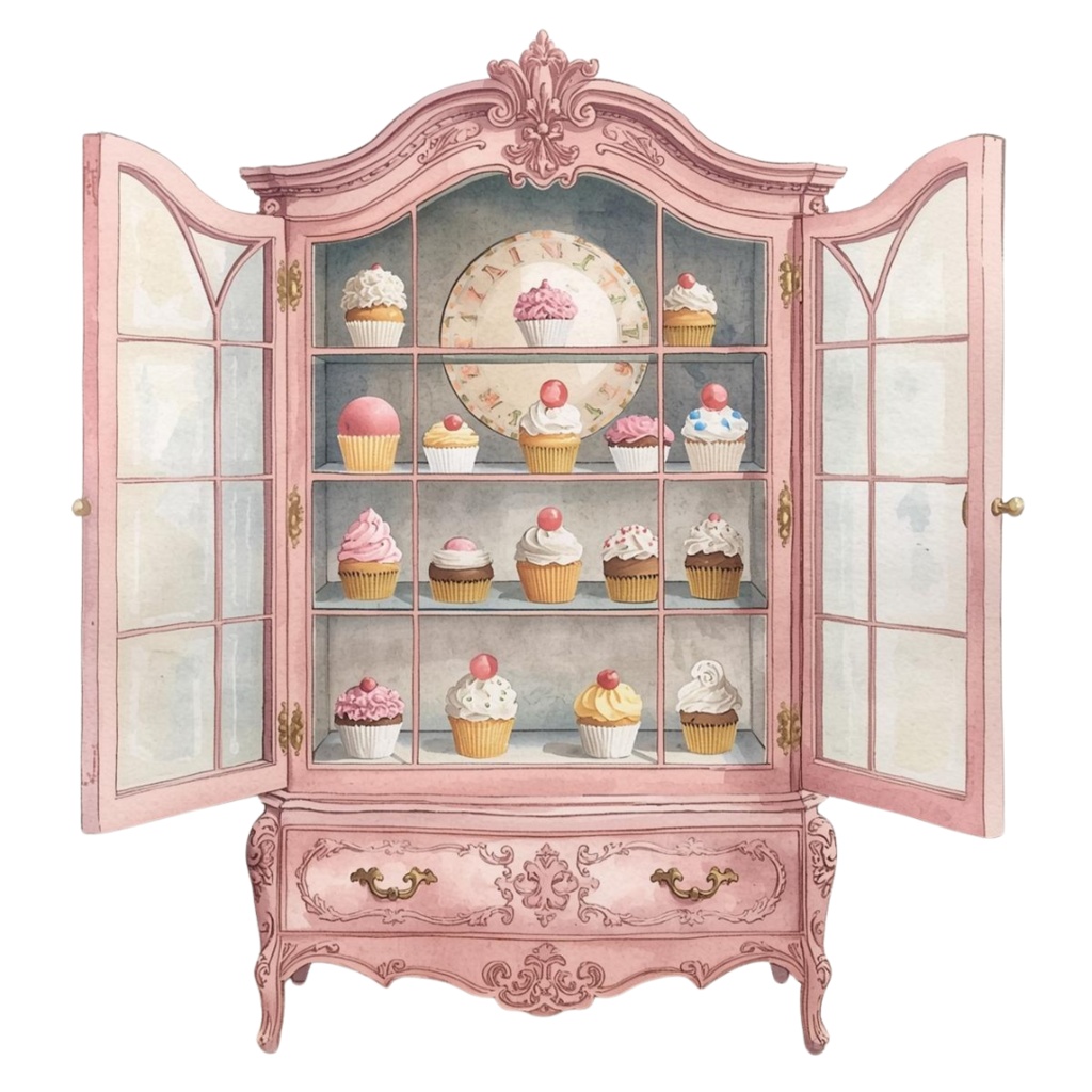 水彩画 ピンク×アンティーク風 カフェシリーズ クリップアートセット(PNG形式・13点)