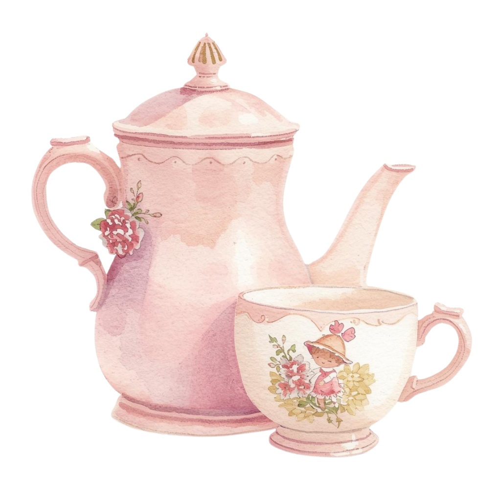 水彩画 ピンク×アンティーク風 カフェシリーズ クリップアートセット(PNG形式・13点)