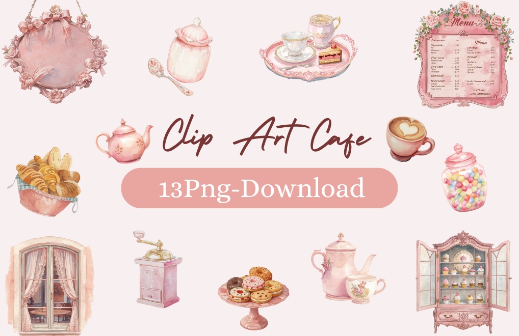 水彩画 ピンク×アンティーク風 カフェシリーズ クリップアートセット（PNG形式・13点）