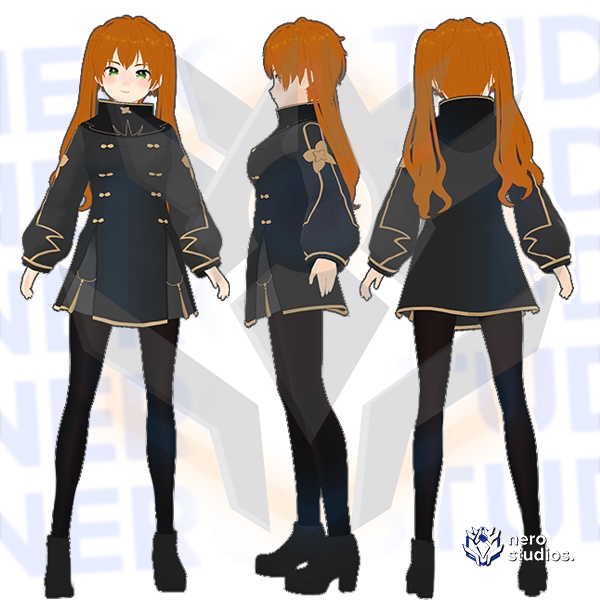 Coat dress like fantasy japanese scifi military look high detail Vroid