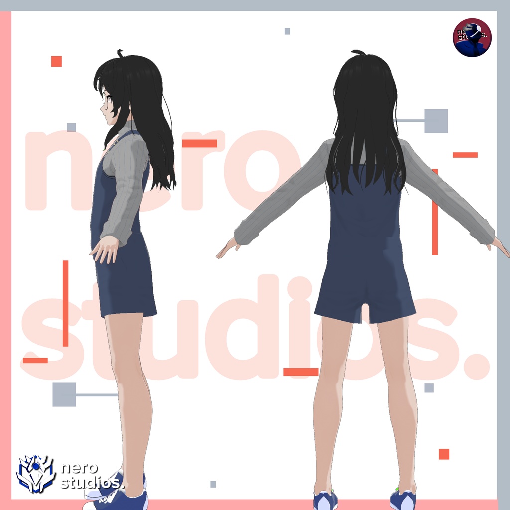 Denim overall androgynous character long hair (Vroid File) / 3Dモデル デニム オーバーオール 中性的な 服装 眼鏡