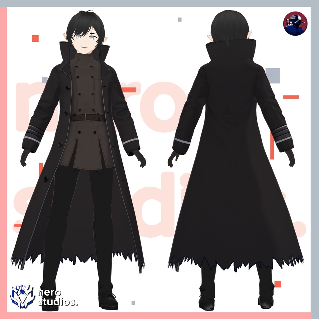 Vampire hunter leather full outfit, Dark gothic demon, black long coat (Vroid file) / 悪魔 ヴァンパイア ゴシック 鬼 黒 ロングコート ハロウィン ハロウィン衣装