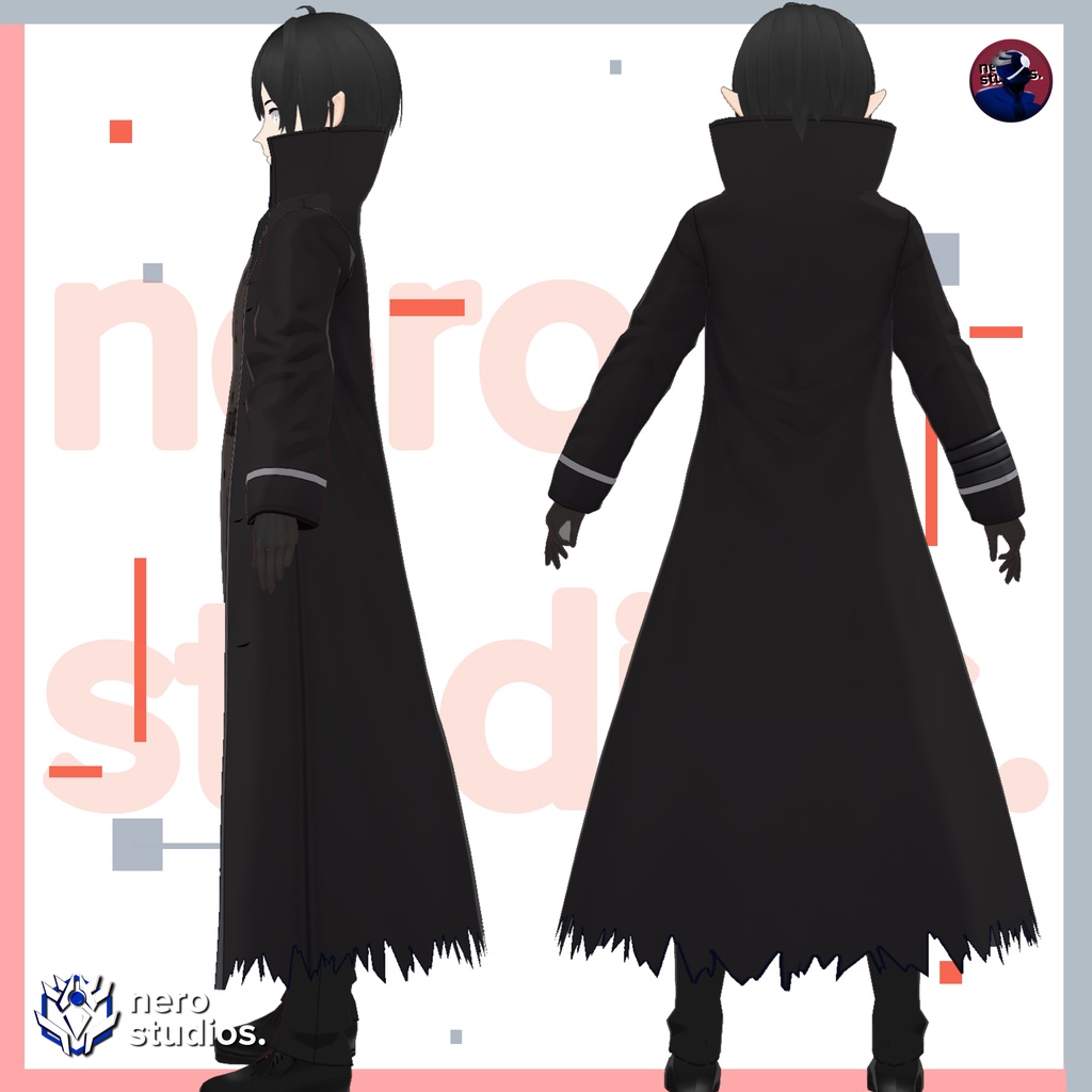 Vampire hunter leather full outfit, Dark gothic demon, black long coat (Vroid file) / 悪魔 ヴァンパイア ゴシック 鬼 黒 ロングコート ハロウィン ハロウィン衣装