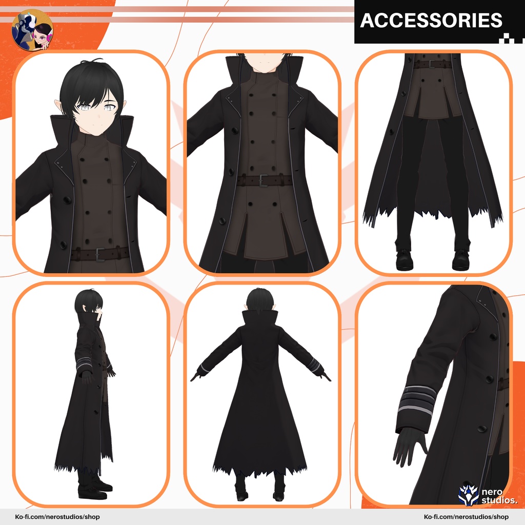 Vampire hunter leather full outfit, Dark gothic demon, black long coat (Vroid file) / 悪魔 ヴァンパイア ゴシック 鬼 黒 ロングコート ハロウィン ハロウィン衣装