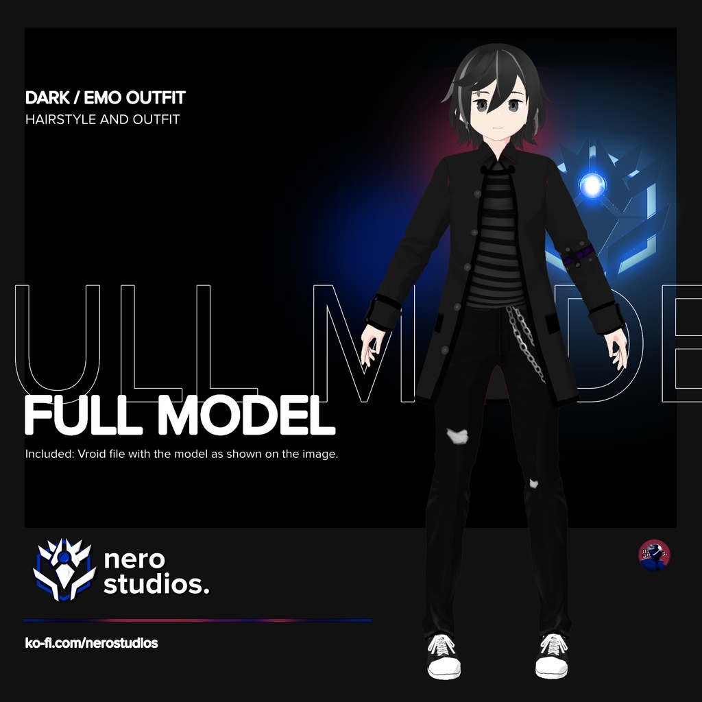 Dark emo outfit full model androgynous, Gothic punk, black outfit (Vroid file) / 暗い ダーク エモ 中性的な ゴシック 黒 ヴァンパイア ゴシックパンク