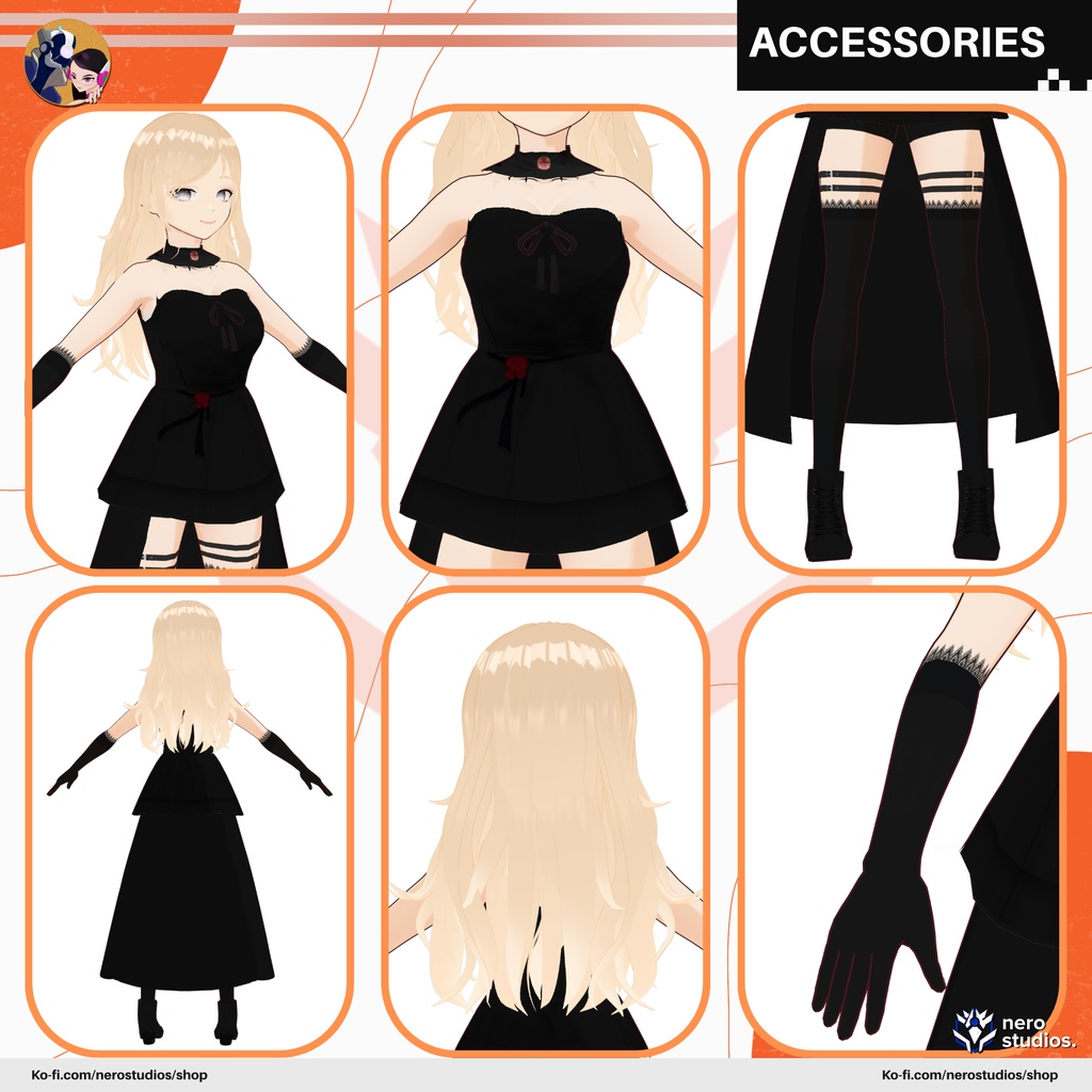 Vampire gothic blonde full Vroid file model textures and hairstyle / ヴァンパイア ゴシック ブロンドの髪 女の子 黒ワンピ ストッキング ハロウィン衣装