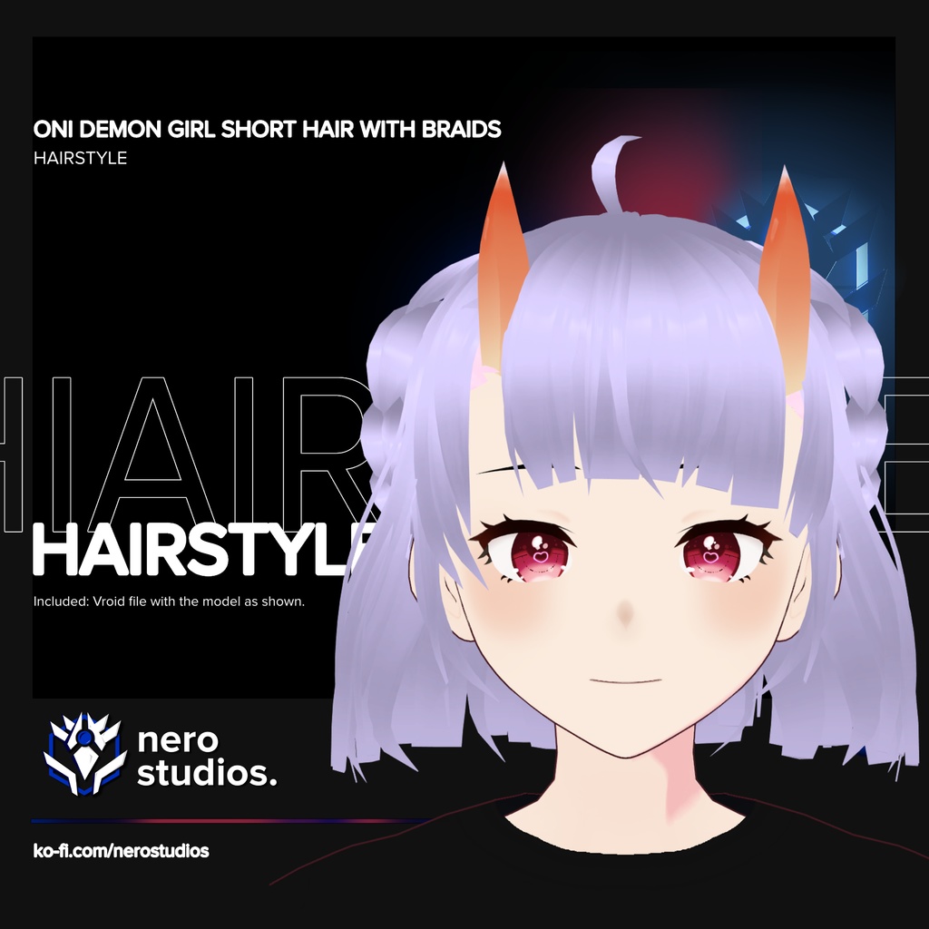 Oni demon girl short hair with braids and horns (vroid file)