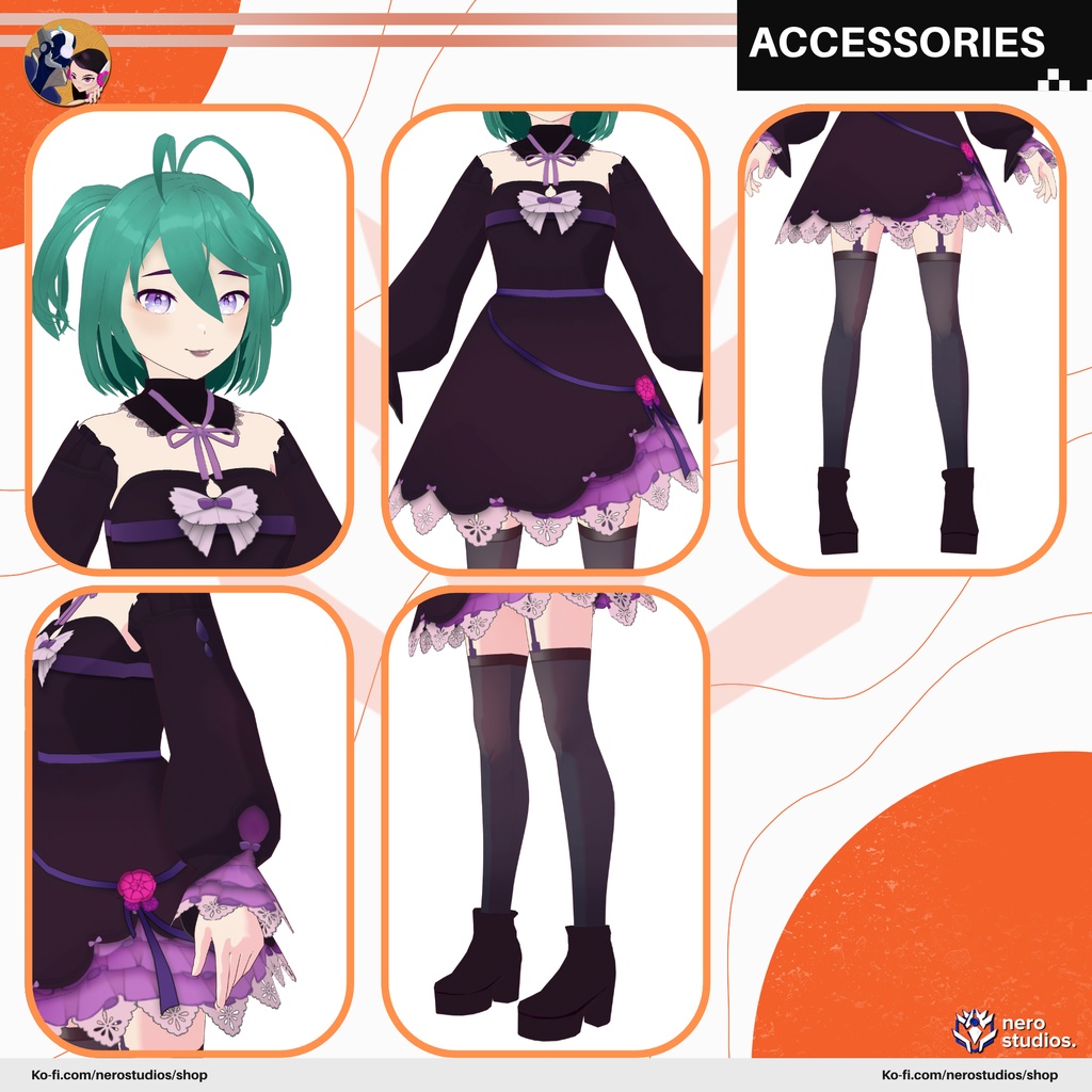Lolita purple dress, cute details and sockings all included textures dreamy (Vroid file) / ロリータ ゴシック 女の子 ストッキング 紫 ドレス ファンタジー