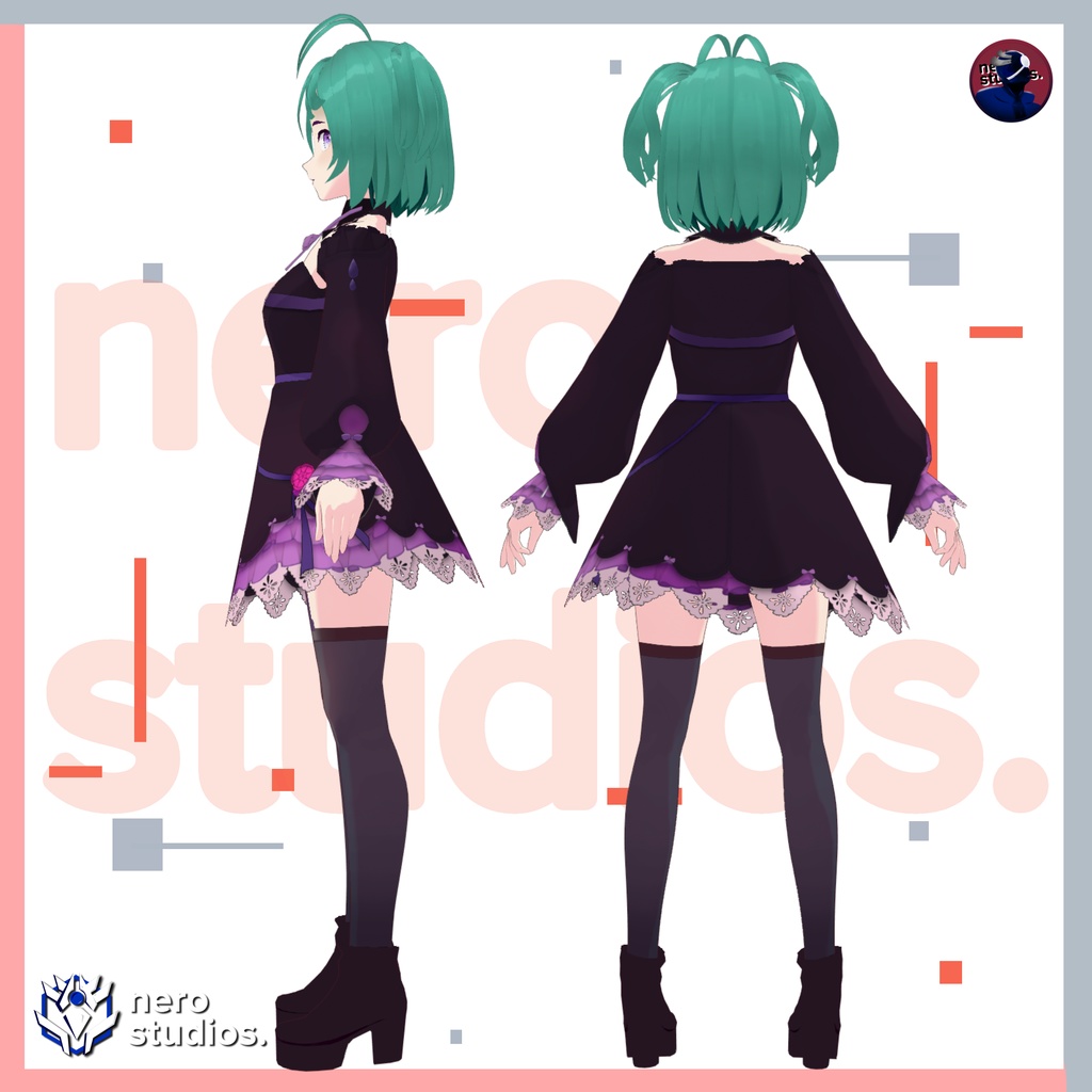 Lolita purple dress, cute details and sockings all included textures dreamy (Vroid file) / ロリータ ゴシック 女の子 ストッキング 紫 ドレス ファンタジー