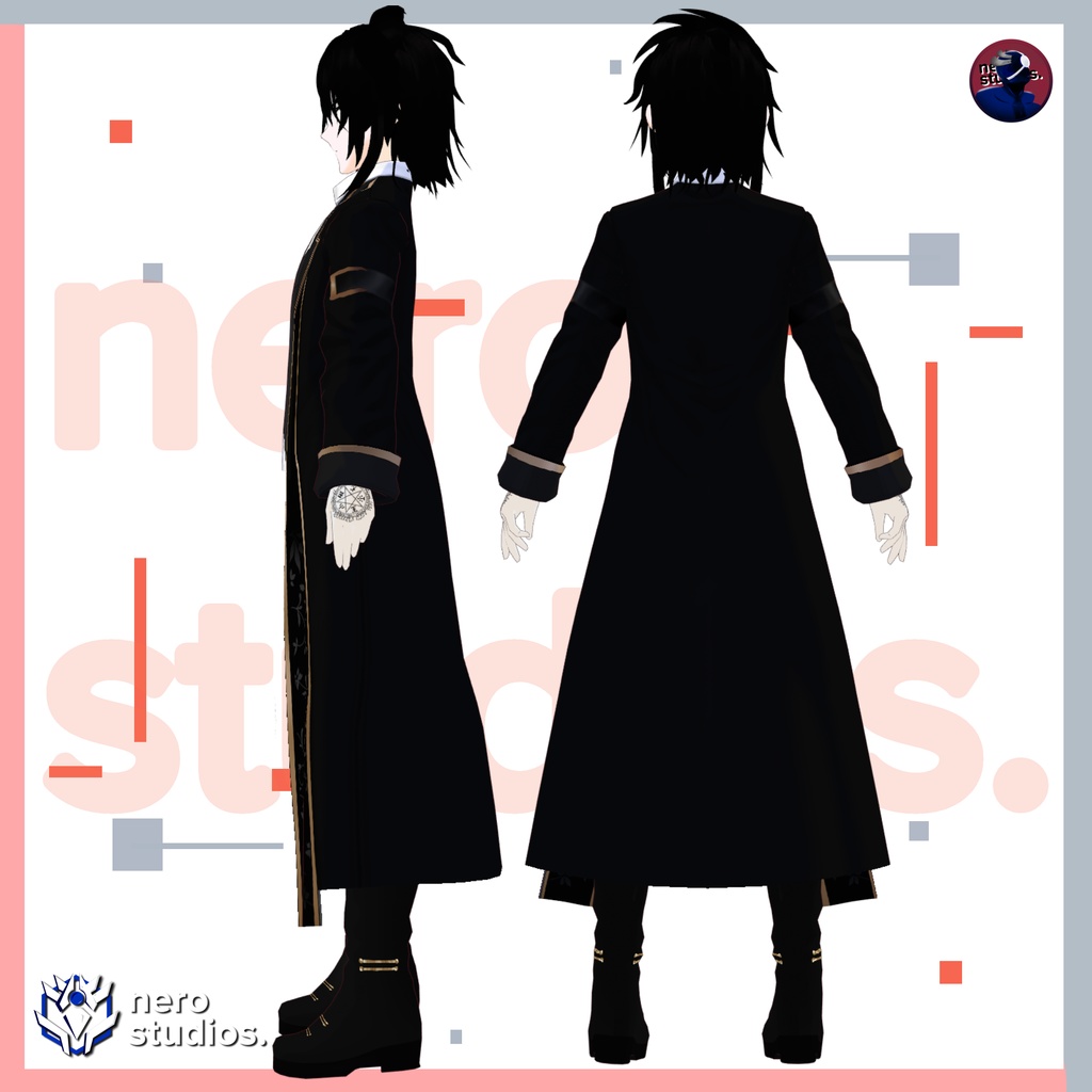 VAMPIRE FULL OUTFIT AND HAIRSTYLE MODEL (VROID FILE) / ヴァンパイア ゴシック 黒 ロングコート ハロウィン ファンタジー 黒