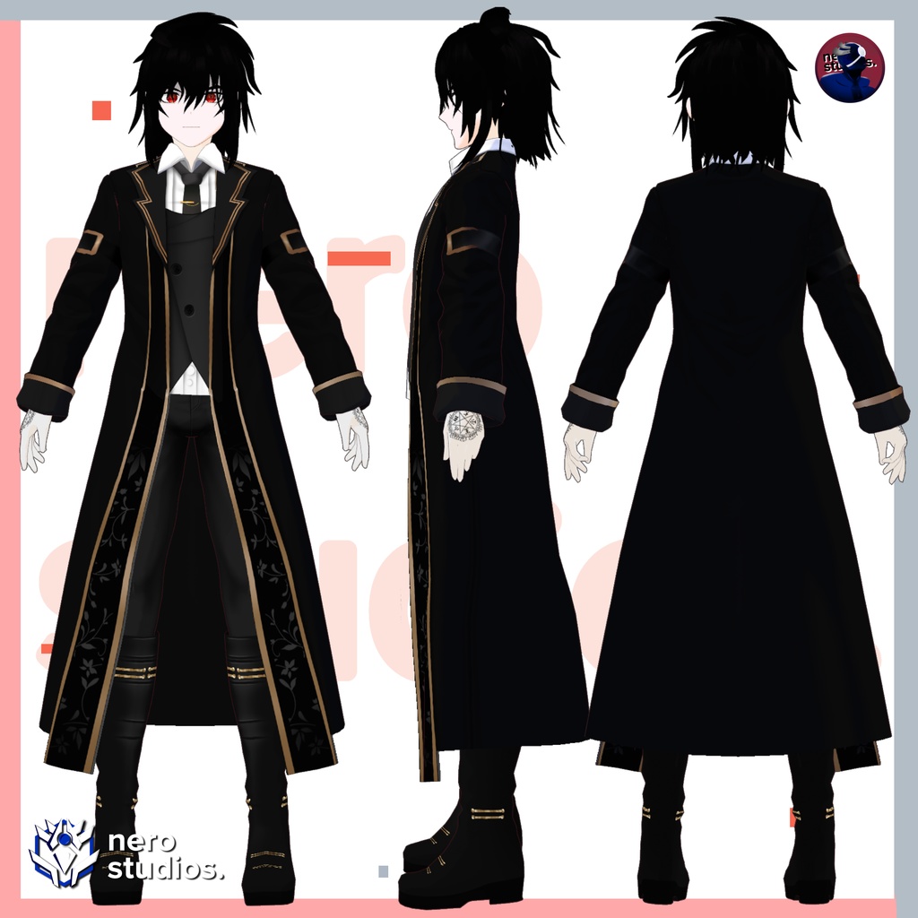 VAMPIRE FULL OUTFIT AND HAIRSTYLE MODEL (VROID FILE) / 鬼 ヴァンパイア ゴシック 黒 ロングコート ハロウィン ファンタジー 黒