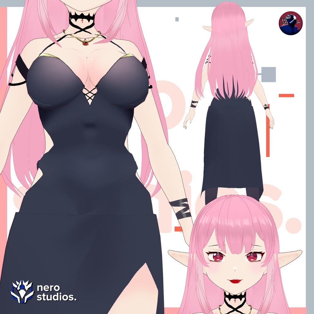 ELF ELEGANT BLACK DRESS PINK HAIR (VROID FILE) / エルフ エレガント ドレス 赤い目 ピンクの髪 黒ワンピ ゴシック ヴァンパイア