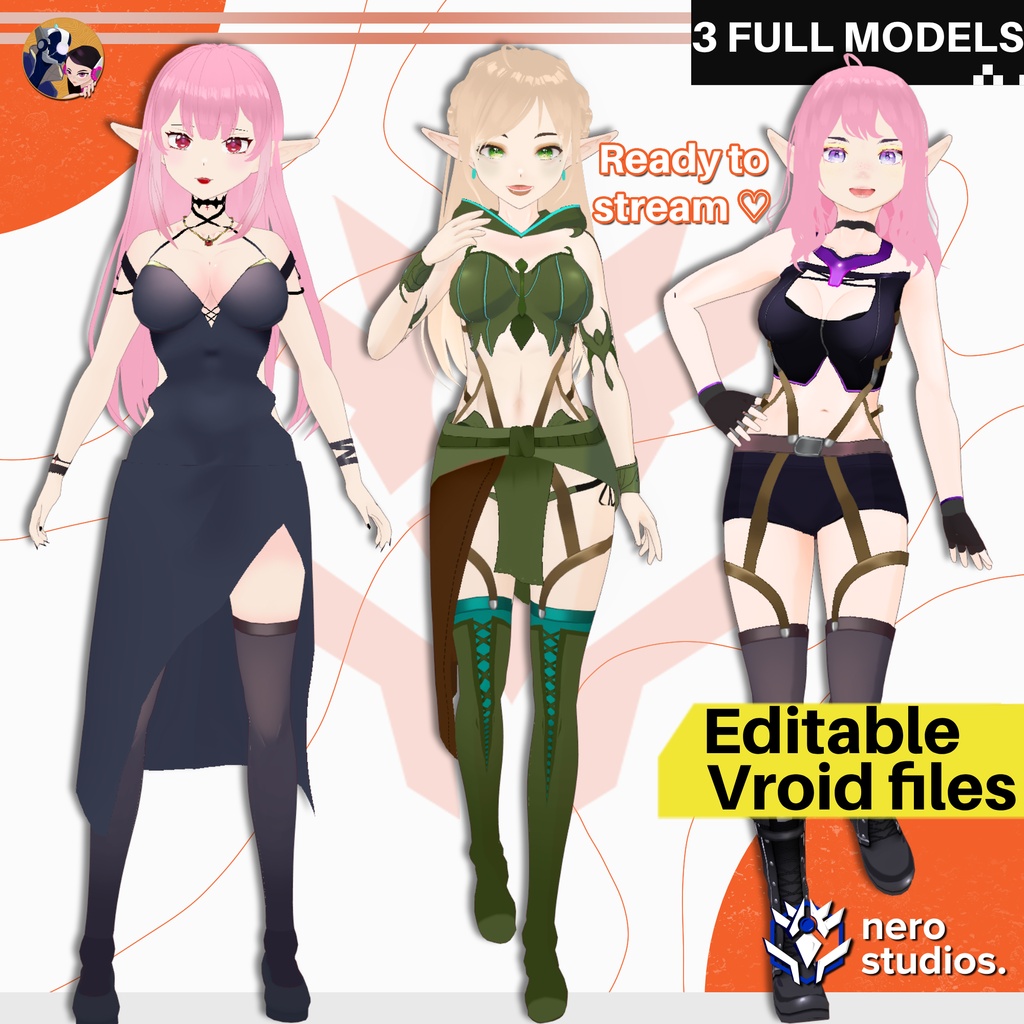 【VRoidフルモデル】 Elf Vroid set! Halloween Texture, assets, hair and outfits presets all included in Vroid Studio files / VRoid用衣装 ファンタジー ハロウィンセット エルフ 妖精 仙女 黒のドレス ハロウィン 黒のドレス ゴシック