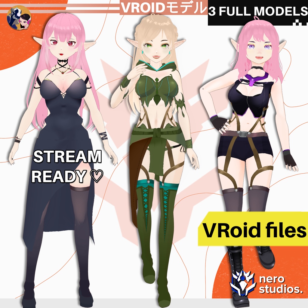 【VRoidフルモデル】 Elf Vroid set! Halloween Texture, assets, hair and outfits presets all included in Vroid Studio files / VRoid用衣装 ファンタジー ハロウィンセット エルフ 妖精 仙女 黒のドレス ハロウィン 黒のドレス ゴシック
