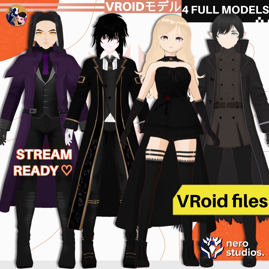 Vampire set Vroid models, Halloween texture and assets presets to use in your own Vroid Studio models / 3Dモデル ヴァンパイア 鬼 サキュバス 黒のドレス ゴシック 髪型のテクスチャ ハロウィン ハロウィンセット