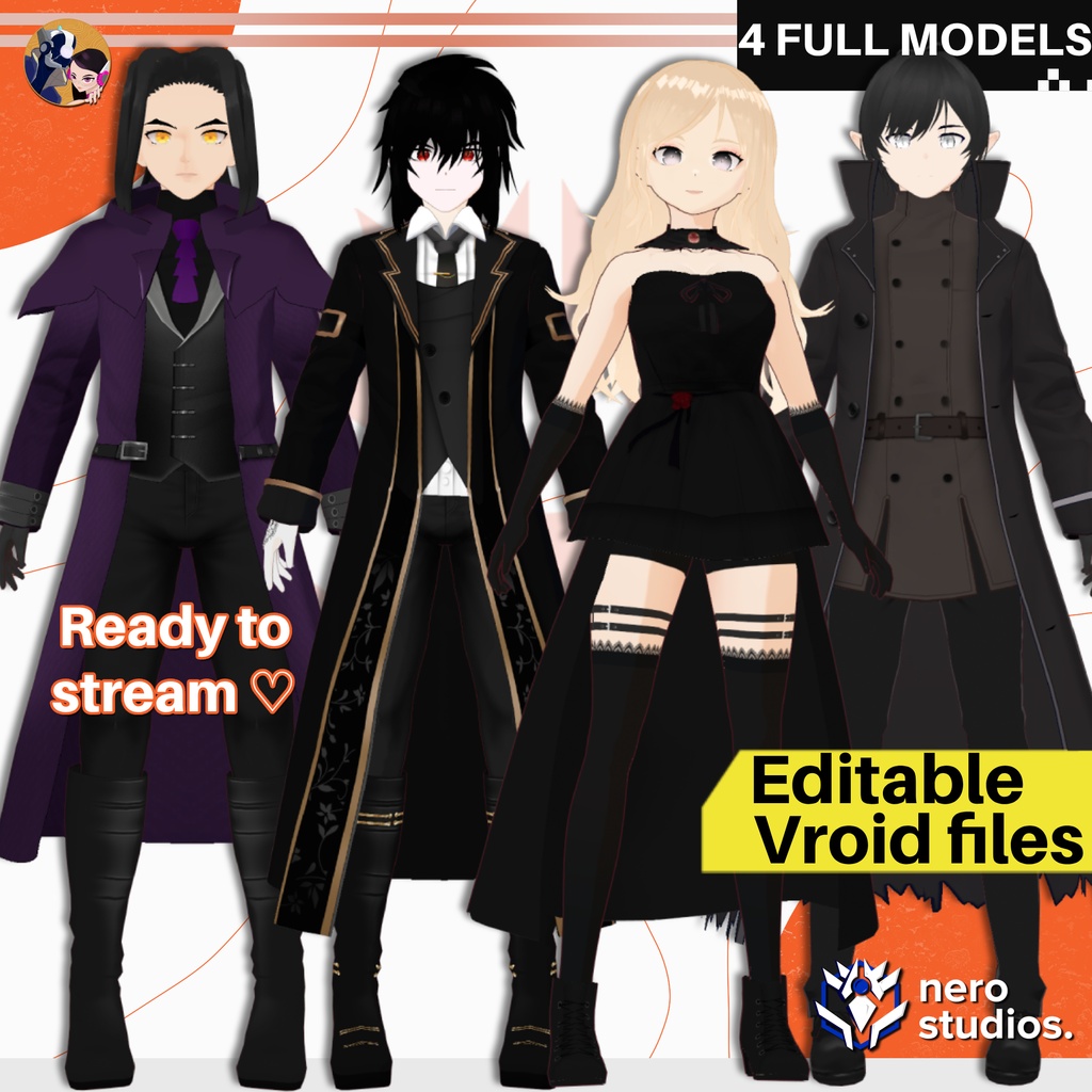 Vampire set Vroid models, Halloween texture and assets presets to use in your own Vroid Studio models / 3Dモデル ヴァンパイア 鬼 サキュバス 黒のドレス ゴシック 髪型のテクスチャ ハロウィン ハロウィンセット