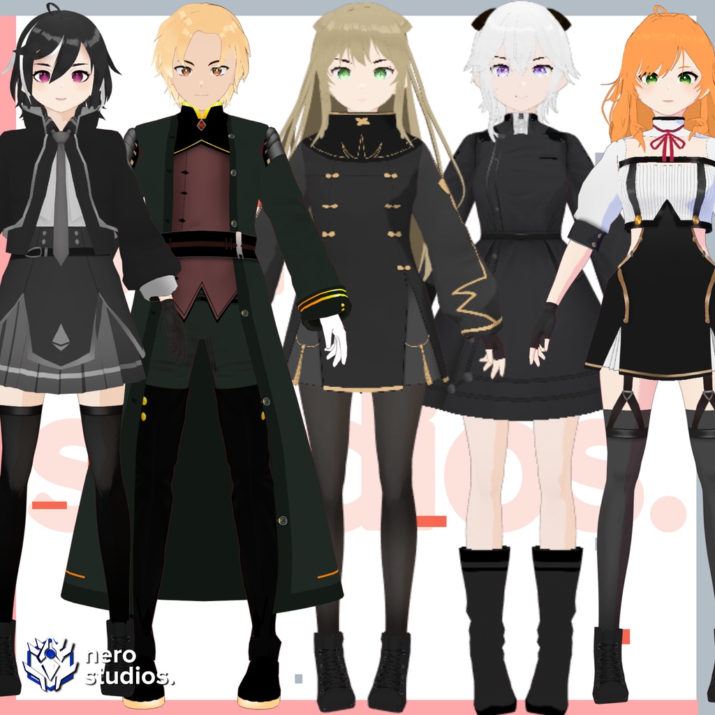 Vroid clothes, vtuber clothing, Vroid female and male outfit, Vtuber hairstyle preset and all texture military themed Vroid file and VRM all included / 軍隊 軍事的 軍服 黒のドレス 黒いコート ハロウィン