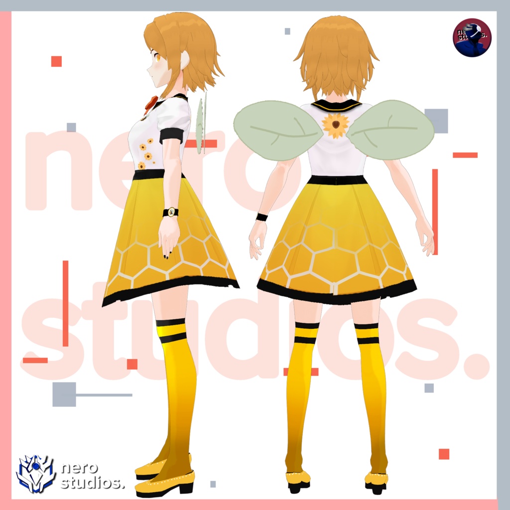"BEE" TUBER, bee inspired vroid model short hair separate bangs cute yellow dress and socks (Vroid File) / 3D model 蜂 コスプレ 黄色のドレス ストッキング 黄色のストッキング